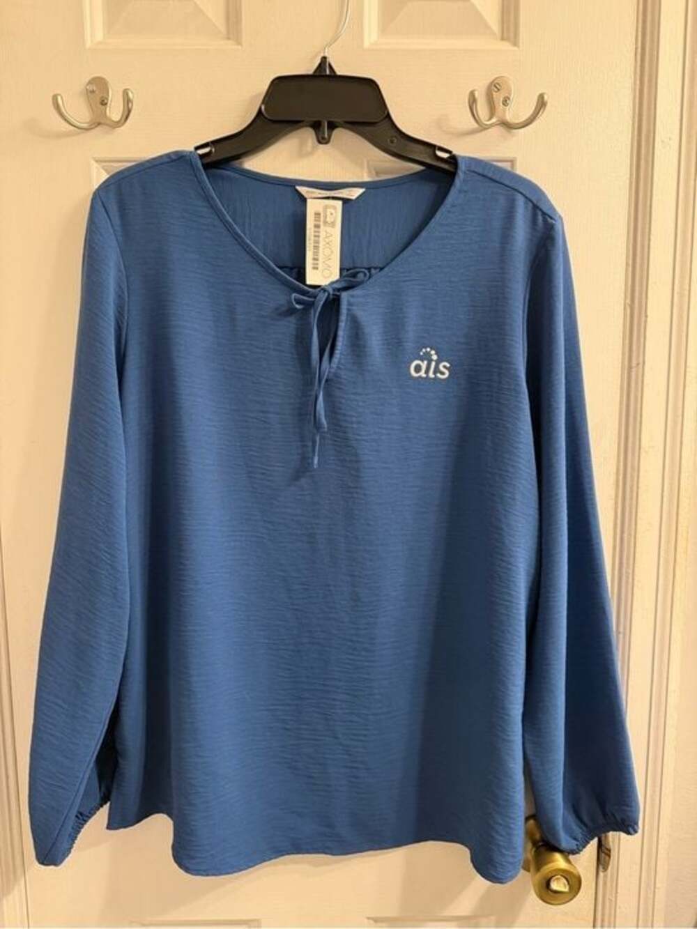 AIS Women's Blue Long-Sleeve Tie-Neck Top Sz L